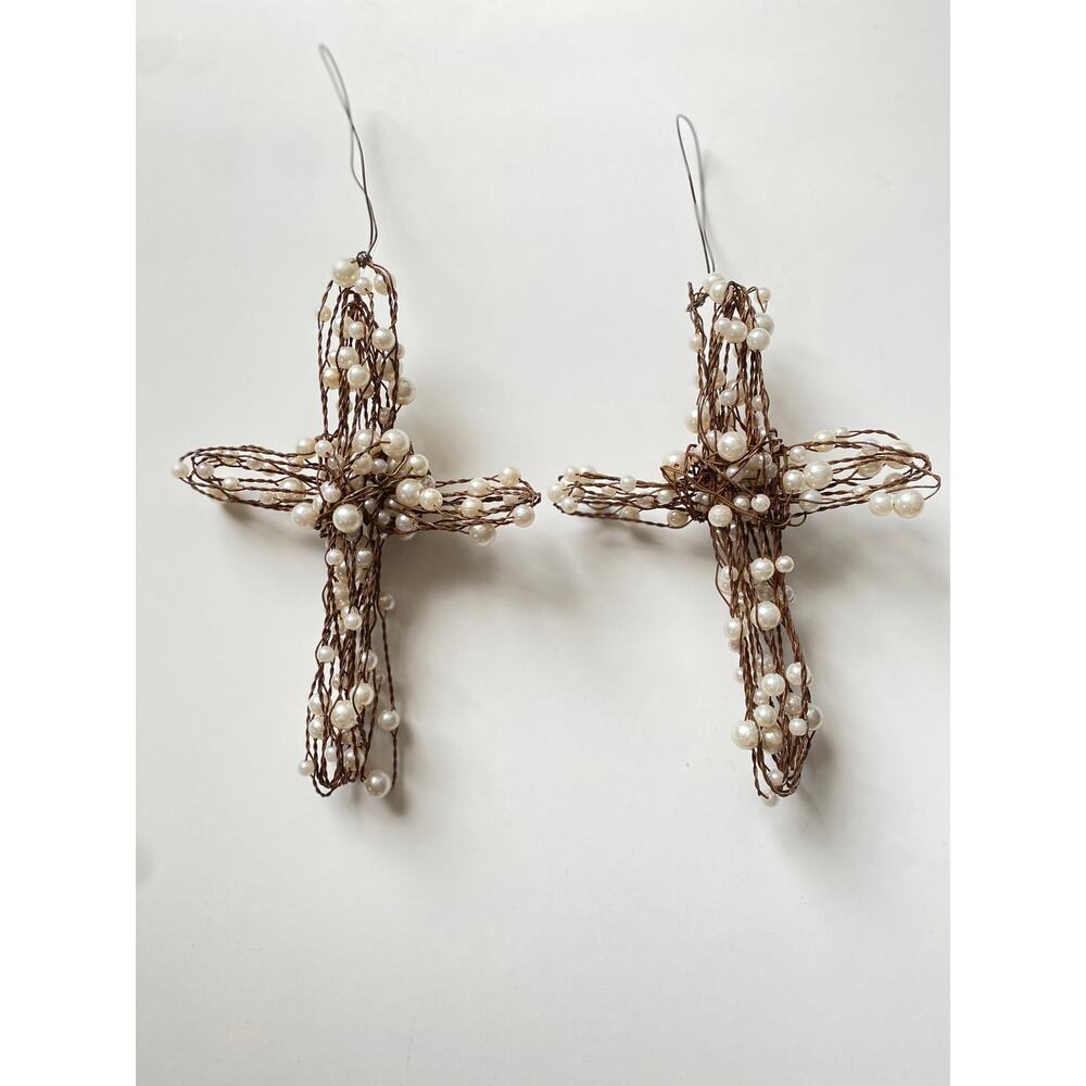 Pearl Wired Hanging Cross Ornament 7” set of 2 Christmas Decor - Picture 2 of 3